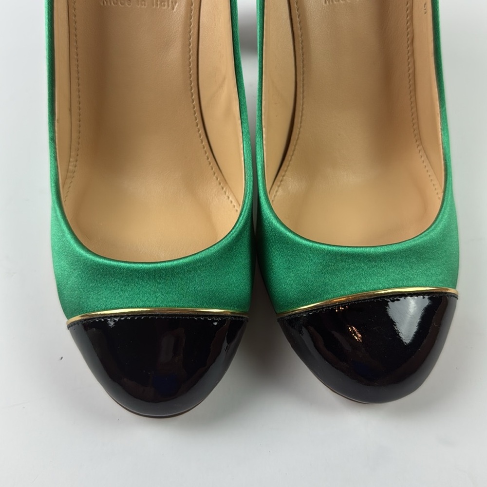 J.Crew Etta Emerald Cap Toe emerald satin Heels 6 - Picture 2 of 6